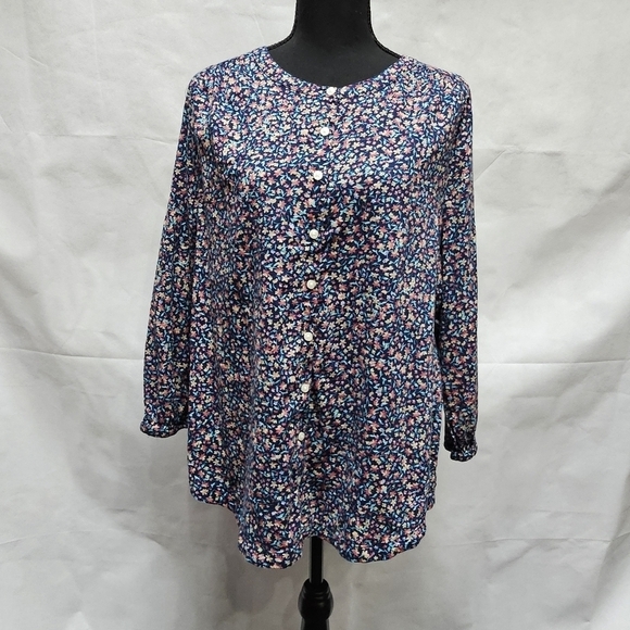St. John's Bay Oversized Floral Button Up Blouse Blue 55% Cotton 45% Rayon Sz L - Picture 1 of 6